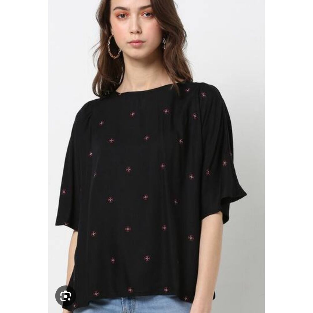 NWT LEVI'S Geometric Embroidery Ditsy Floral Black Red Wide Blouse Womens Large